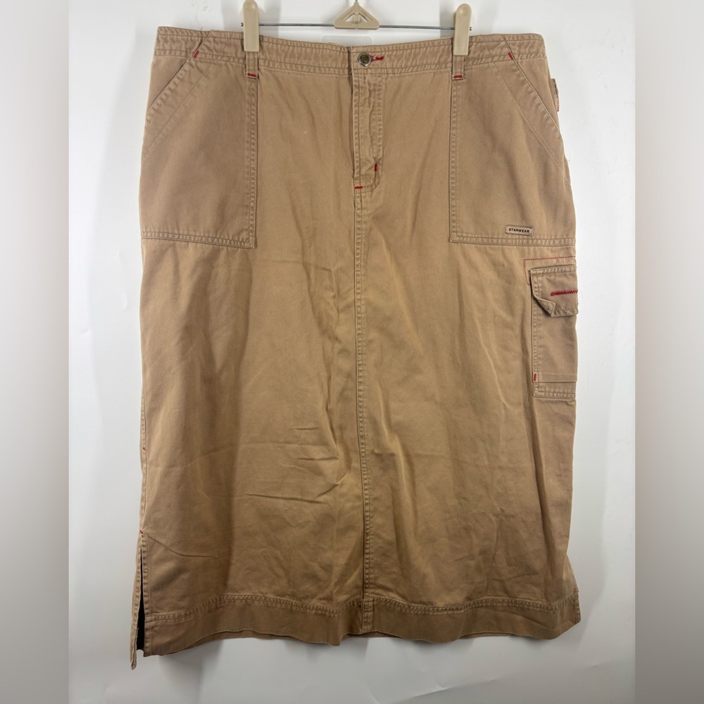 Y2K 90s Starwear Cargo Khaki Utility Skirt Plus 22‎ Tan Brown Cotton Midi
